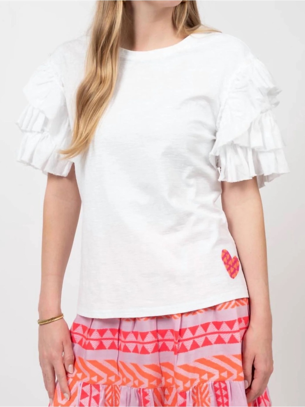 ivy jane White Ruffle Sleeve Tee with Red and Pink Heart Patch